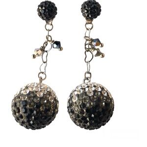 Silver Precosia Black, Ice & Grey Crystal Ball Dangle Earrings Heart Link Chain